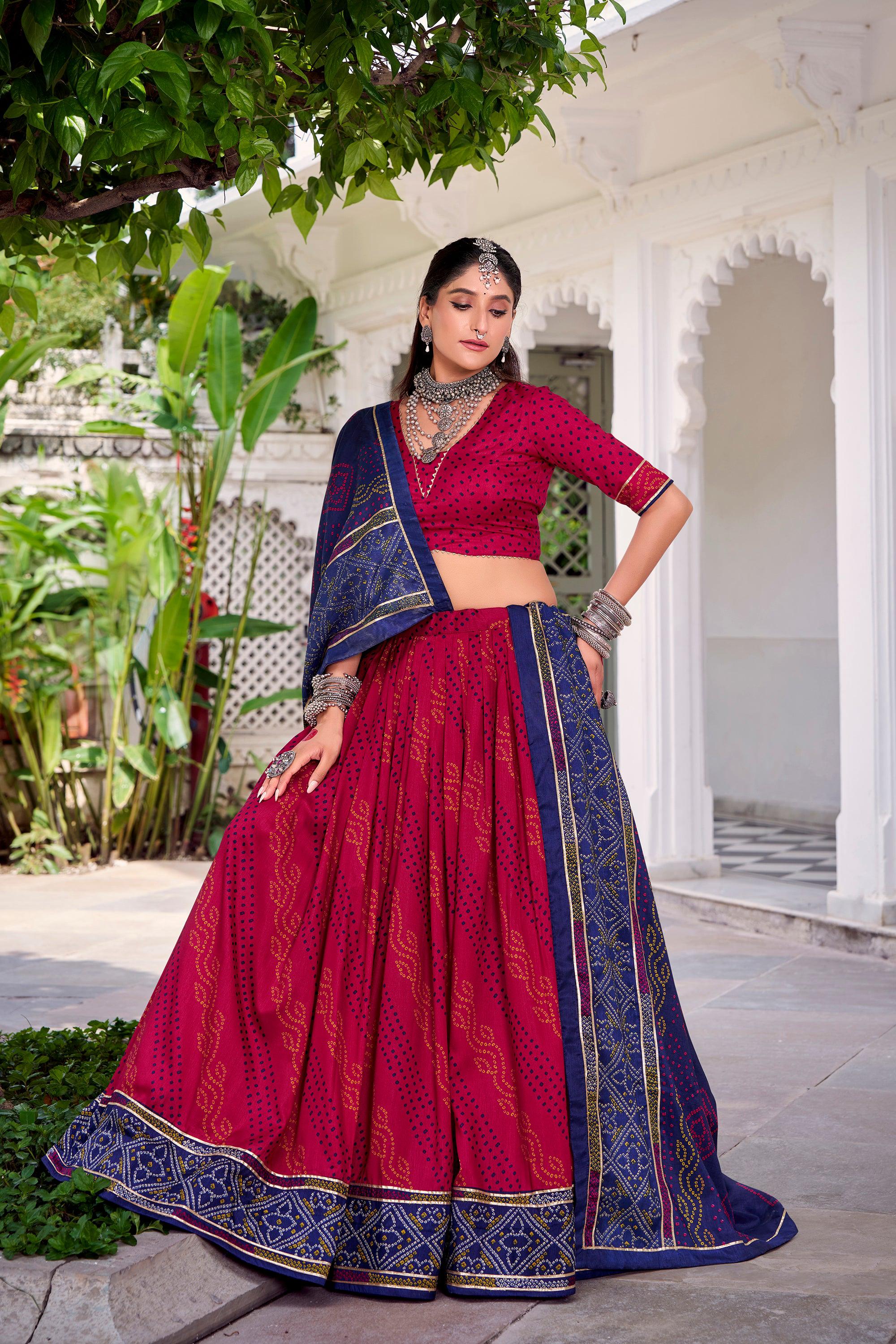 Lorenvalley Fashion Pink Tasar Silk Bandhej Print With Gotta Patti Lace Touch Up Lehenga Choli with Dupatta