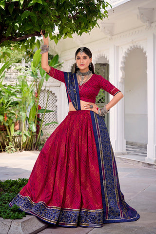 Lorenvalley Fashion Pink Tasar Silk Bandhej Print With Gotta Patti Lace Touch Up Lehenga Choli with Dupatta