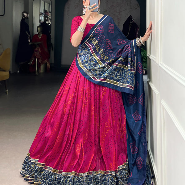 Lorenvalley Fashion Pink Tasar Silk Bandhej Print With Gotta Patti Lace Touch Up Lehenga Choli with Dupatta - Distacart