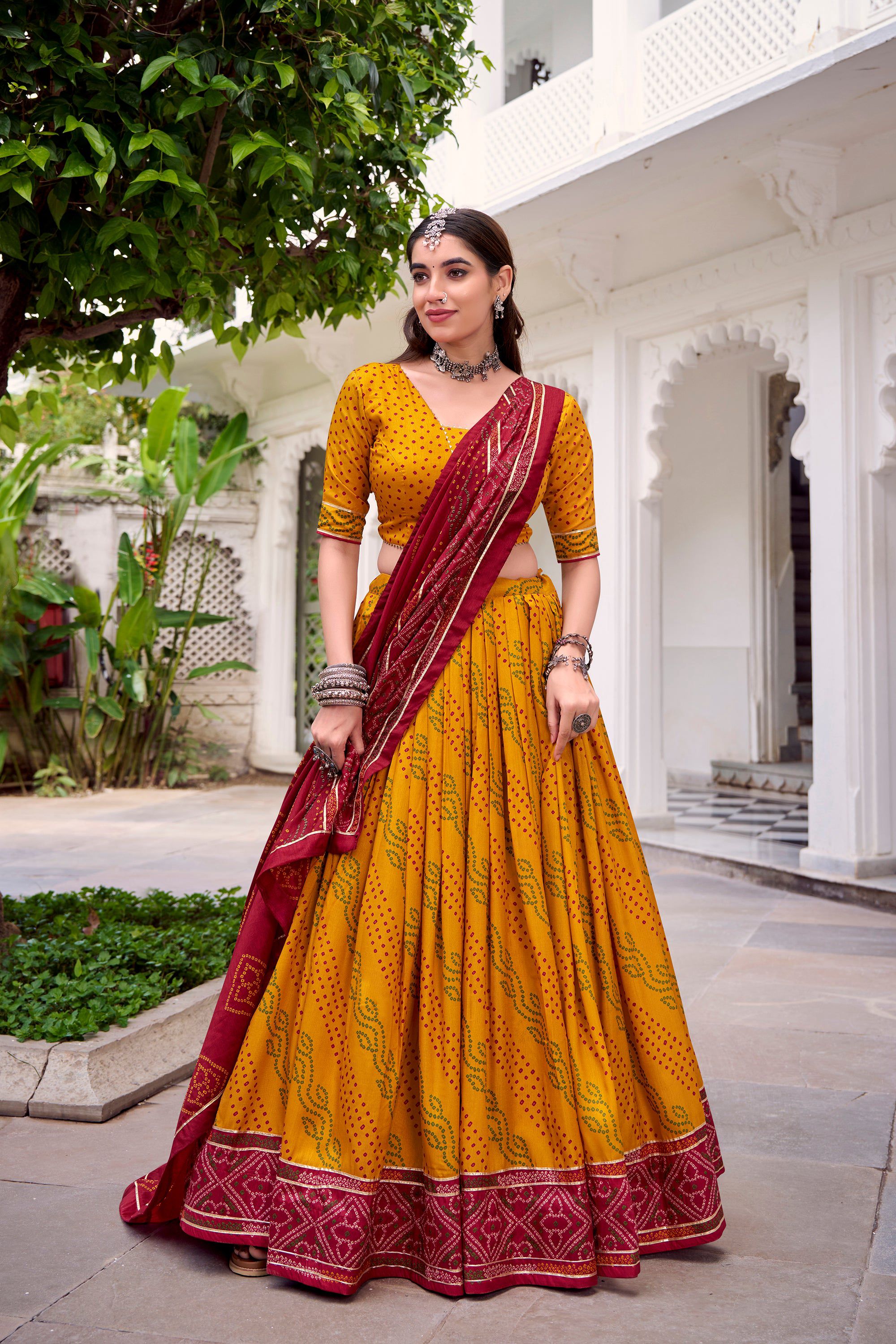 Lorenvalley Fashion Yellow Tasar Silk Bandhej Print With Gotta Patti Lace Touch Up Lehenga Choli with Dupatta