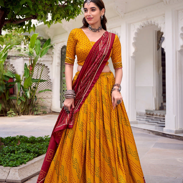 Lorenvalley Fashion Yellow Tasar Silk Bandhej Print With Gotta Patti Lace Touch Up Lehenga Choli with Dupatta