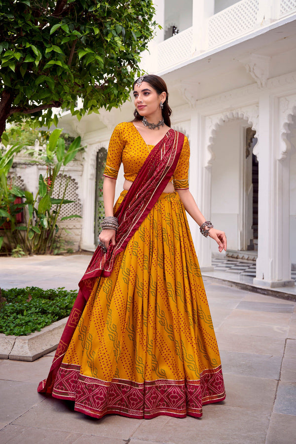 Lorenvalley Fashion Yellow Tasar Silk Bandhej Print With Gotta Patti Lace Touch Up Lehenga Choli with Dupatta