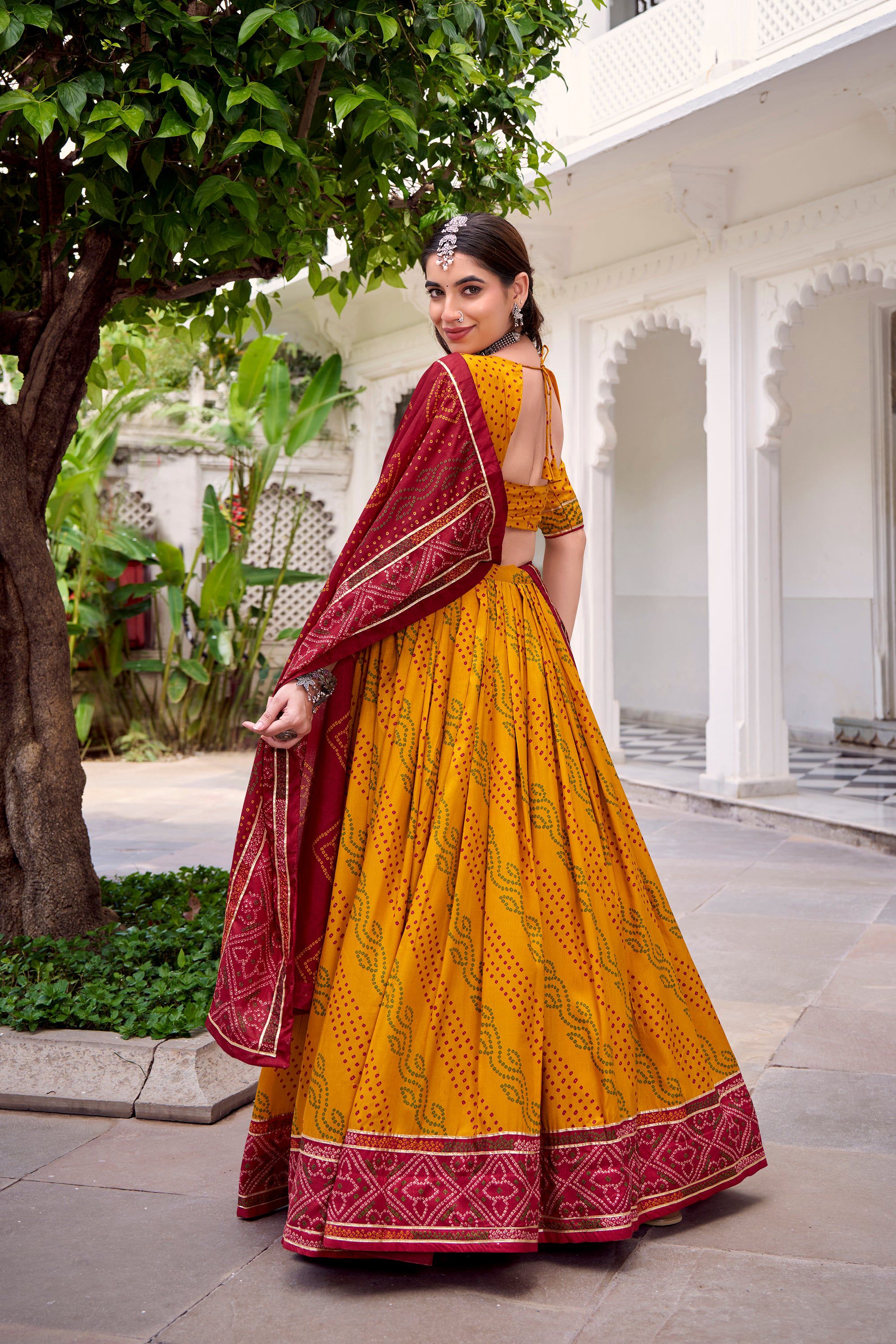 Lorenvalley Fashion Yellow Tasar Silk Bandhej Print With Gotta Patti Lace Touch Up Lehenga Choli with Dupatta