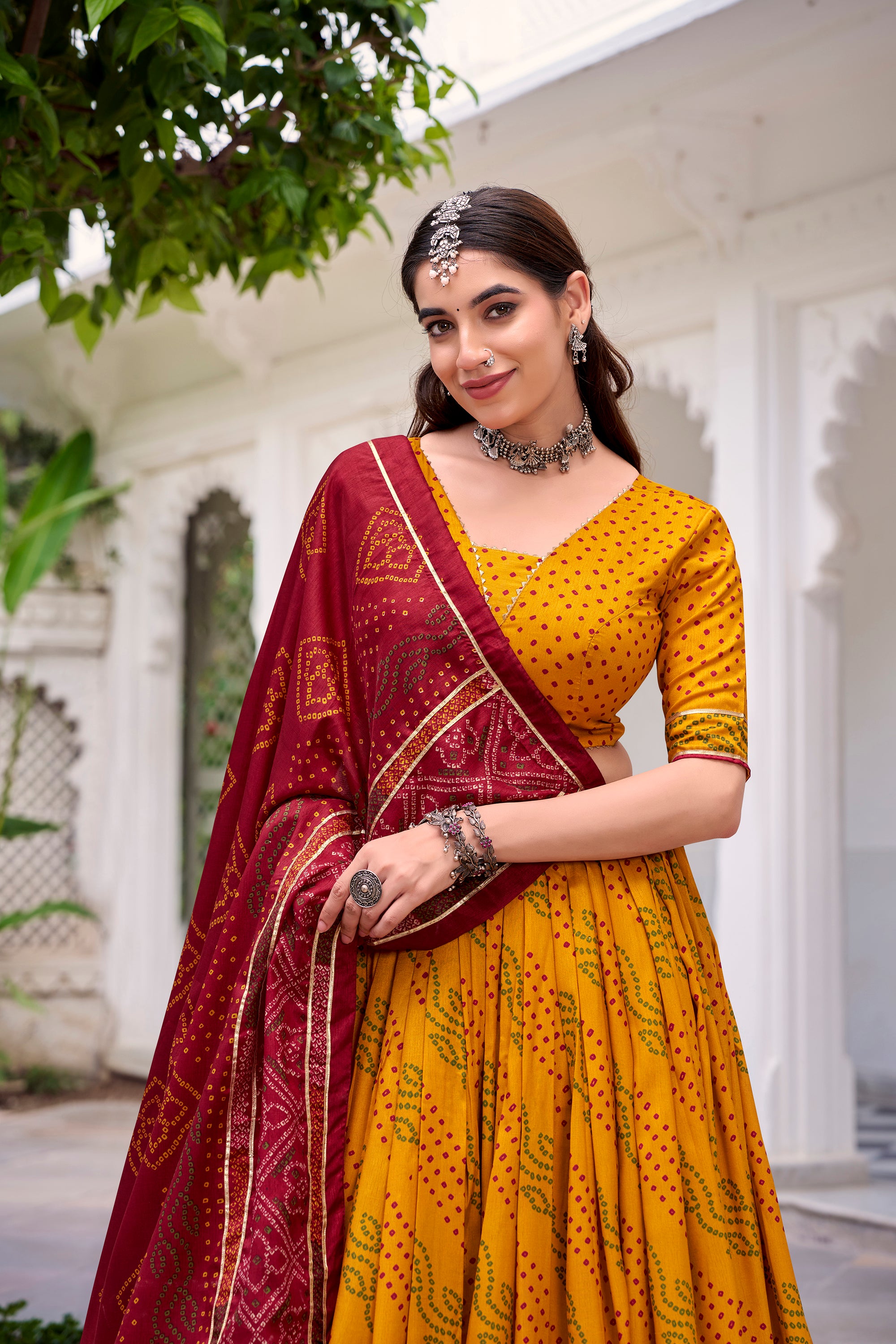 Lorenvalley Fashion Yellow Tasar Silk Bandhej Print With Gotta Patti Lace Touch Up Lehenga Choli with Dupatta