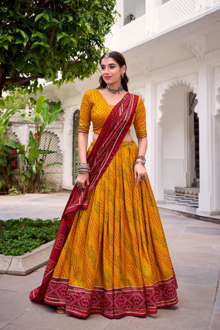 Lorenvalley Fashion Yellow Tasar Silk Bandhej Print With Gotta Patti Lace Touch Up Lehenga Choli with Dupatta