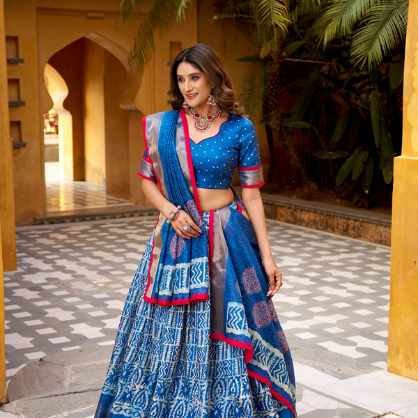Lorenvalley Fashion Blue Dola Silk Batik Print with Zari Weaving Work Lehenga Choli with Dupatta - Distacart