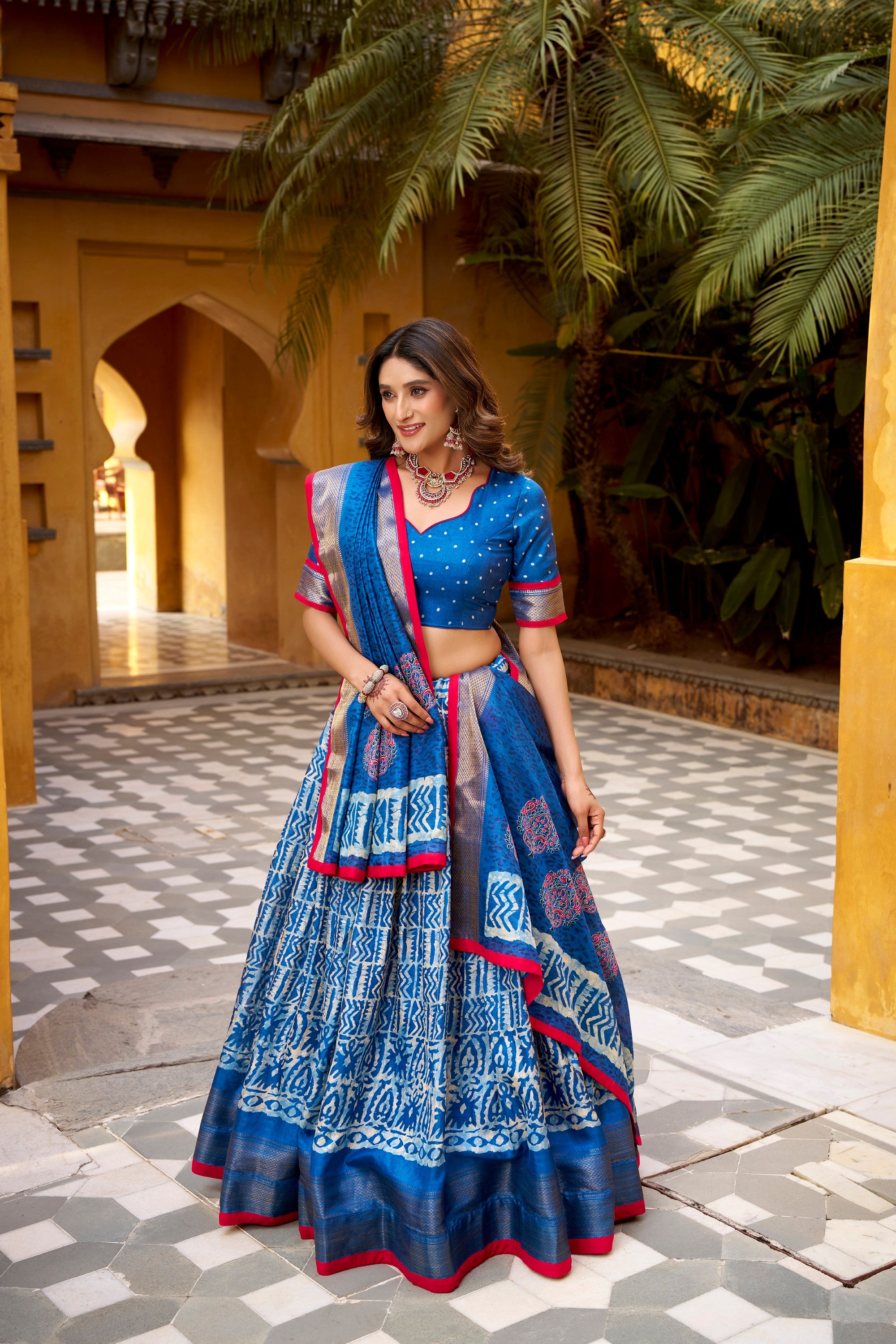 Lorenvalley Fashion Blue Dola Silk Batik Print with Zari Weaving Work Lehenga Choli with Dupatta