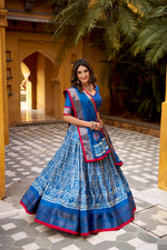 Thumbnail for Lorenvalley Fashion Blue Dola Silk Batik Print with Zari Weaving Work Lehenga Choli with Dupatta - Distacart
