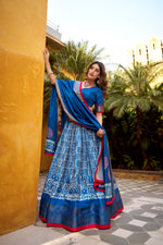Thumbnail for Lorenvalley Fashion Blue Dola Silk Batik Print with Zari Weaving Work Lehenga Choli with Dupatta - Distacart