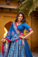 Thumbnail for Lorenvalley Fashion Blue Dola Silk Batik Print with Zari Weaving Work Lehenga Choli with Dupatta - Distacart