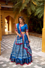 Thumbnail for Lorenvalley Fashion Blue Dola Silk Batik Print with Zari Weaving Work Lehenga Choli with Dupatta - Distacart