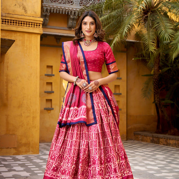 Lorenvalley Fashion Gajari Dola Silk Batik Print with Zari Weaving Work Lehenga Choli with Dupatta - Distacart