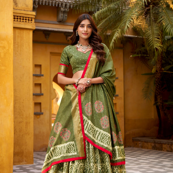 Lorenvalley Fashion Mehendi Dola Silk Batik Print with Zari Weaving Work Lehenga Choli with Dupatta - Distacart