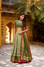 Thumbnail for Lorenvalley Fashion Mehendi Dola Silk Batik Print with Zari Weaving Work Lehenga Choli with Dupatta - Distacart