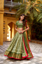 Thumbnail for Lorenvalley Fashion Mehendi Dola Silk Batik Print with Zari Weaving Work Lehenga Choli with Dupatta - Distacart