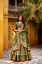 Thumbnail for Lorenvalley Fashion Mehendi Dola Silk Batik Print with Zari Weaving Work Lehenga Choli with Dupatta - Distacart