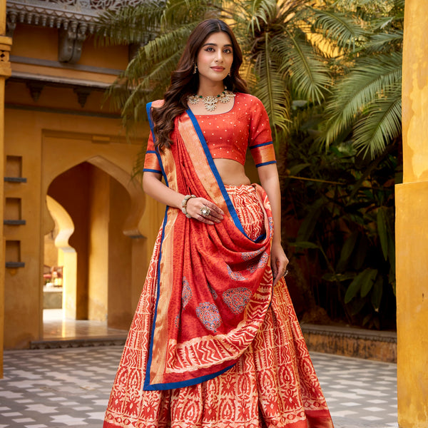 Lorenvalley Fashion Rust Dola Silk Batik Print with Zari Weaving Work Lehenga Choli with Dupatta - Distacart