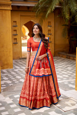 Thumbnail for Lorenvalley Fashion Rust Dola Silk Batik Print with Zari Weaving Work Lehenga Choli with Dupatta - Distacart