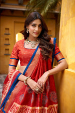 Thumbnail for Lorenvalley Fashion Rust Dola Silk Batik Print with Zari Weaving Work Lehenga Choli with Dupatta - Distacart