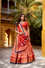 Thumbnail for Lorenvalley Fashion Rust Dola Silk Batik Print with Zari Weaving Work Lehenga Choli with Dupatta - Distacart