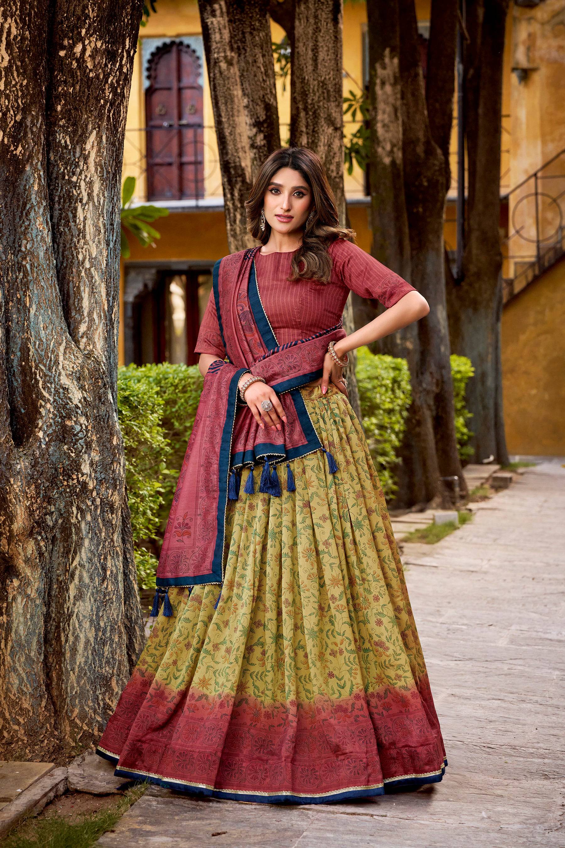 Lorenvalley Fashion Multicolor Vichitra Silk Printed Lehenga Choli with Dupatta