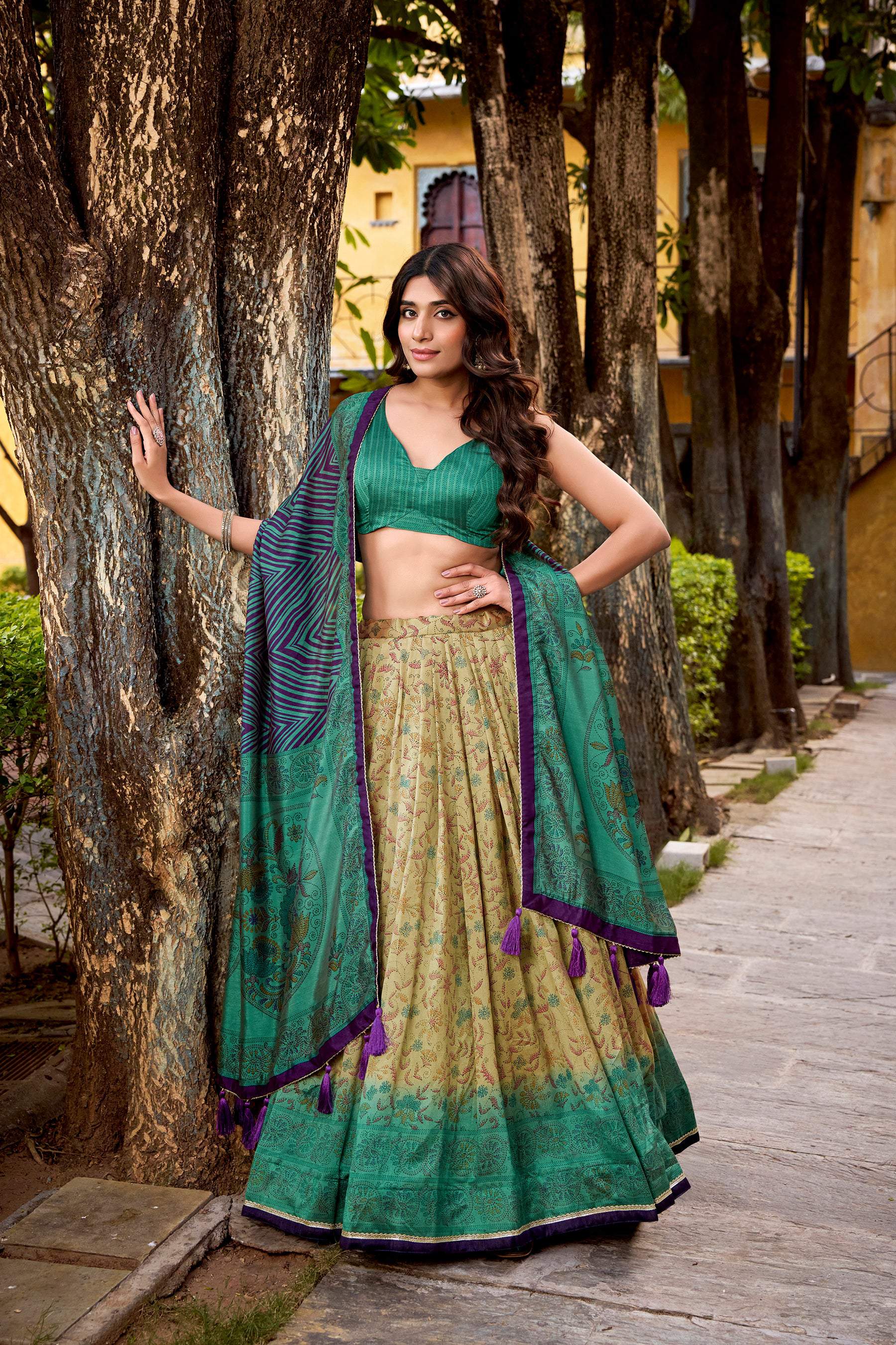 Lorenvalley Fashion Multicolor Vichitra Silk Printed Lehenga Choli with Dupatta