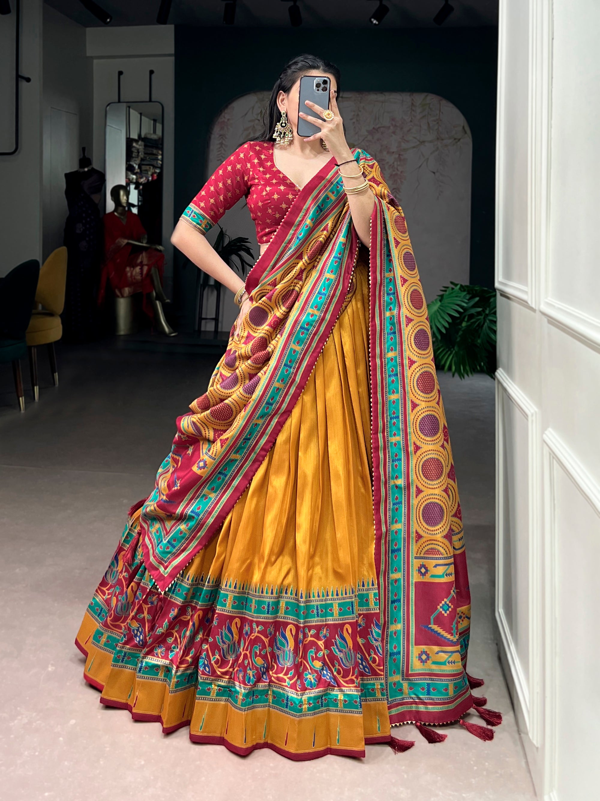 Lorenvalley Fashion Mustard Tasar SilkPrinted with Iconic Sparkle Lehenga Choli with Dupatta - Dista
