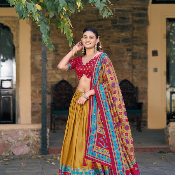Lorenvalley Fashion Mustard Tasar Silkprinted With Iconic Sparkle Lehenga Choli With Dupatta - Dista