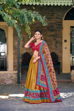 Thumbnail for Lorenvalley Fashion Mustard Tasar Silkprinted With Iconic Sparkle Lehenga Choli With Dupatta - Dista