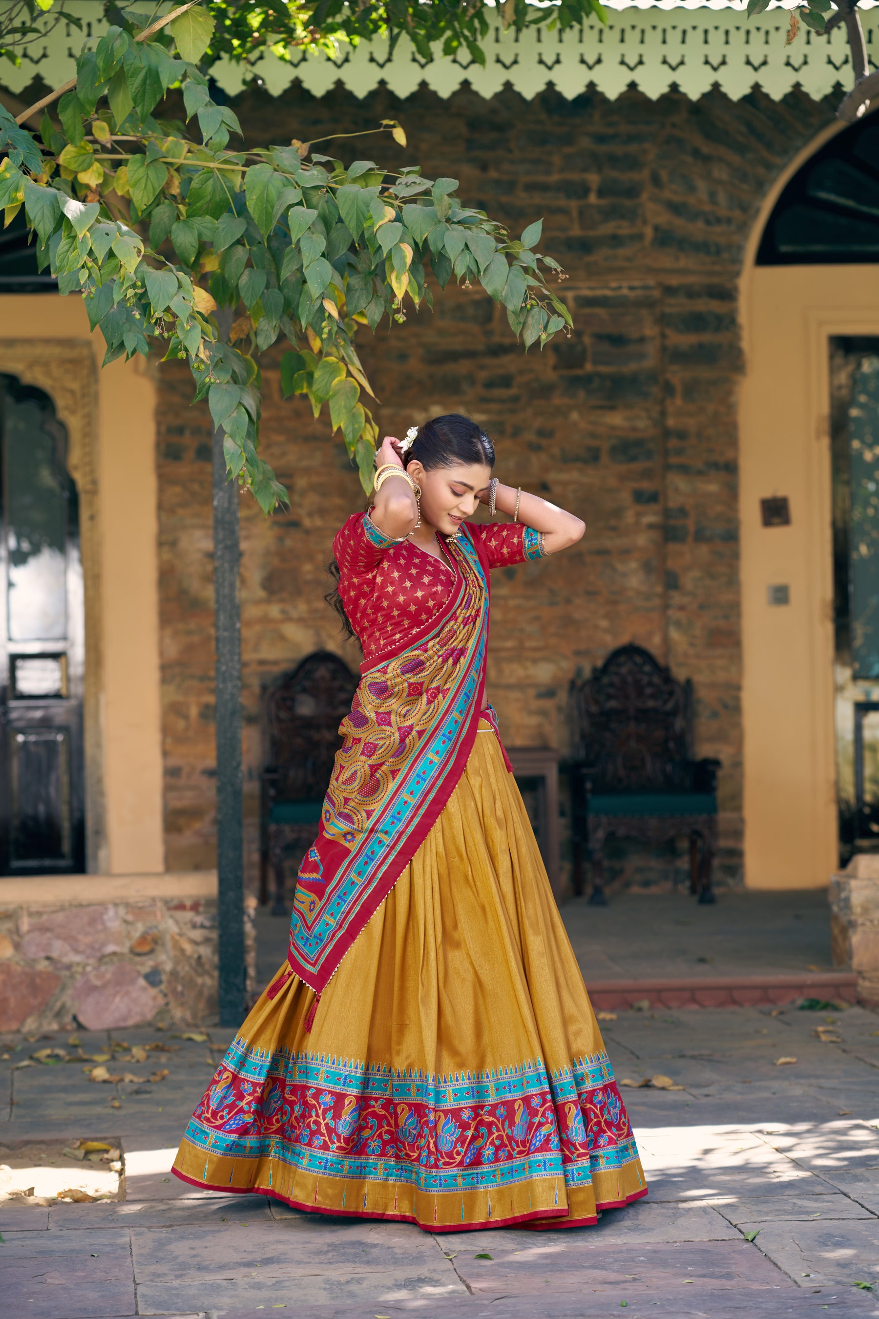 Lorenvalley Fashion Mustard Tasar Silkprinted With Iconic Sparkle Lehenga Choli With Dupatta - Dista