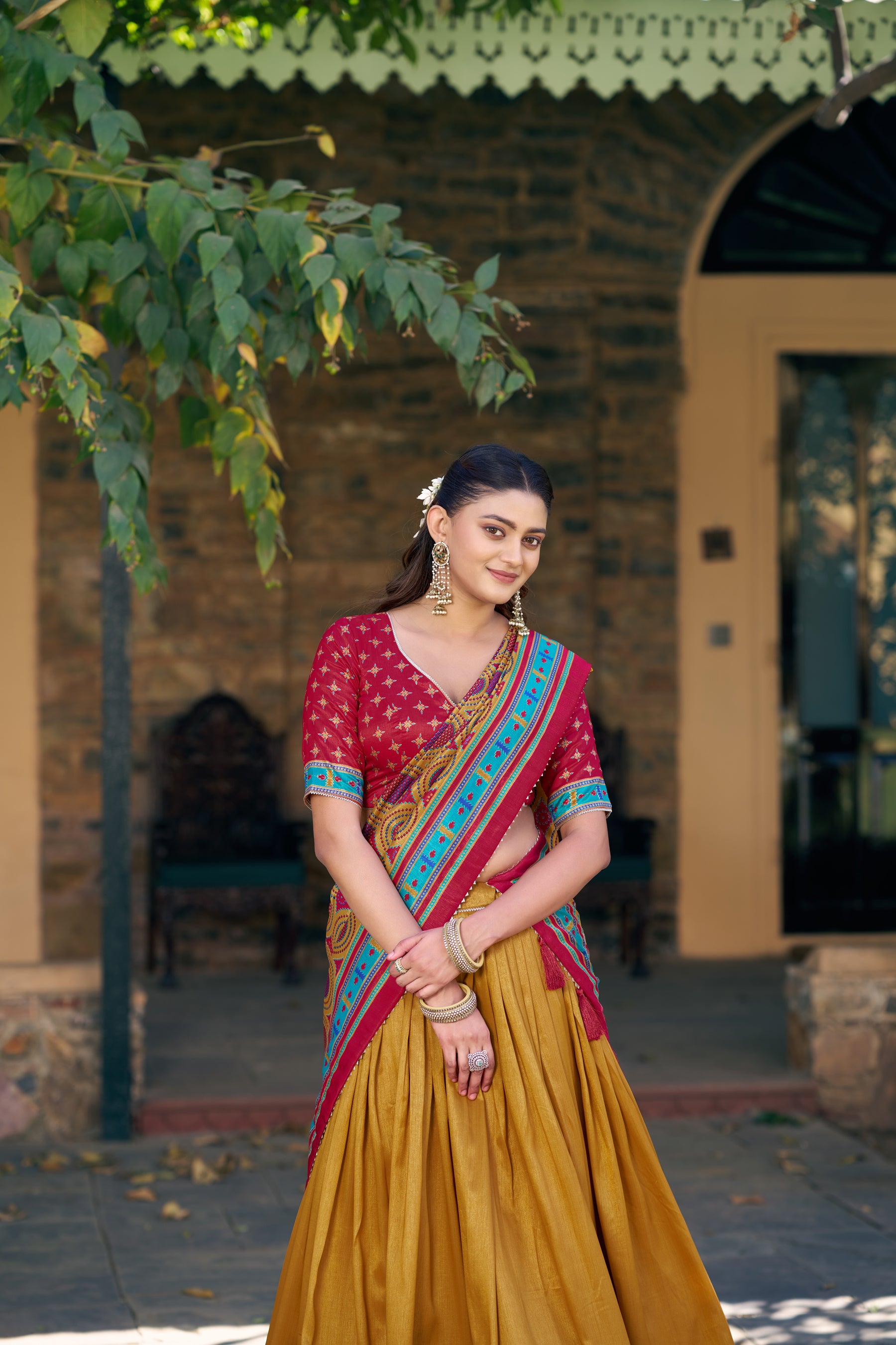 Lorenvalley Fashion Mustard Tasar Silkprinted With Iconic Sparkle Lehenga Choli With Dupatta - Dista