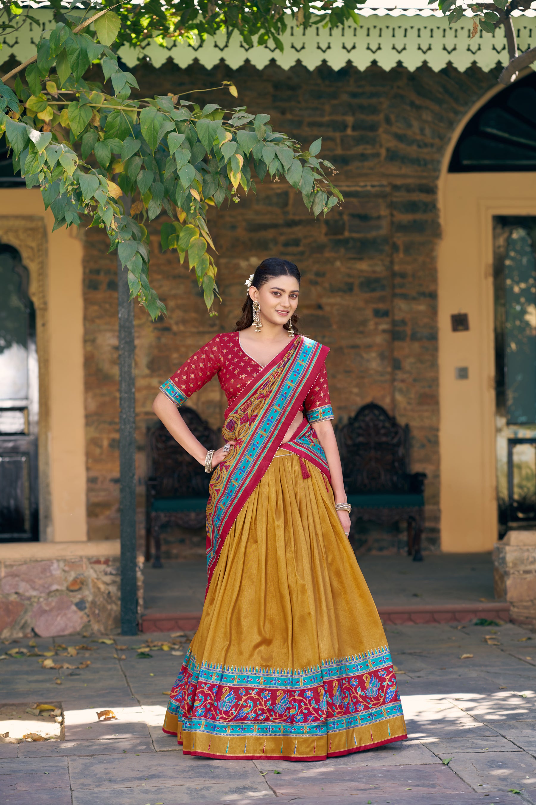 Lorenvalley Fashion Mustard Tasar Silkprinted With Iconic Sparkle Lehenga Choli With Dupatta - Dista