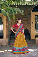 Thumbnail for Lorenvalley Fashion Mustard Tasar Silkprinted With Iconic Sparkle Lehenga Choli With Dupatta - Dista