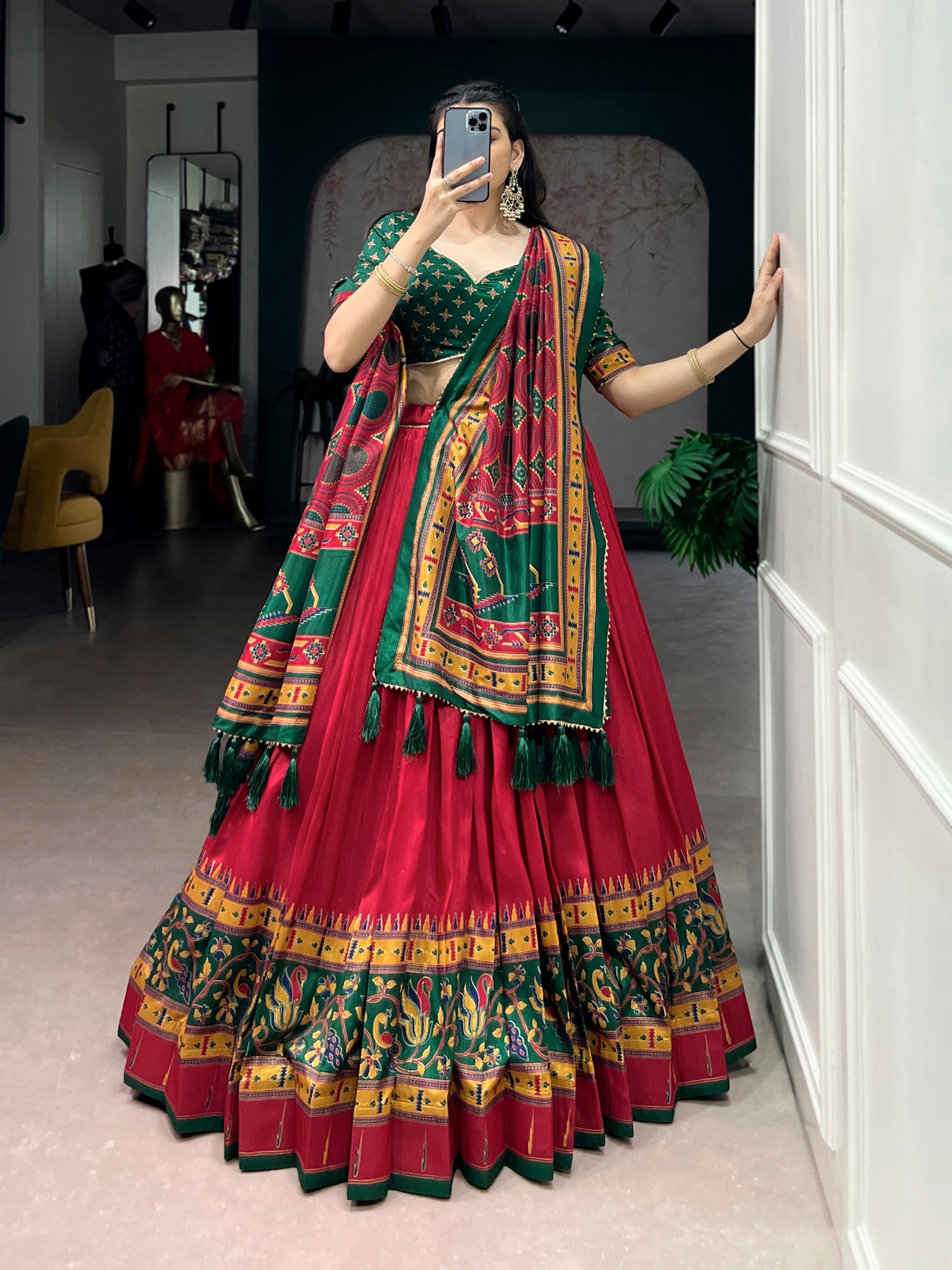 Lorenvalley Fashion Red Tasar SilkPrinted with Iconic Sparkle Lehenga Choli with Dupatta - Dista