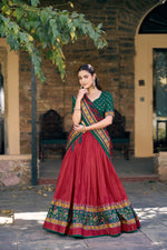 Thumbnail for Lorenvalley Fashion Red Tasar Silkprinted With Iconic Sparkle Lehenga Choli With Dupatta - Dista