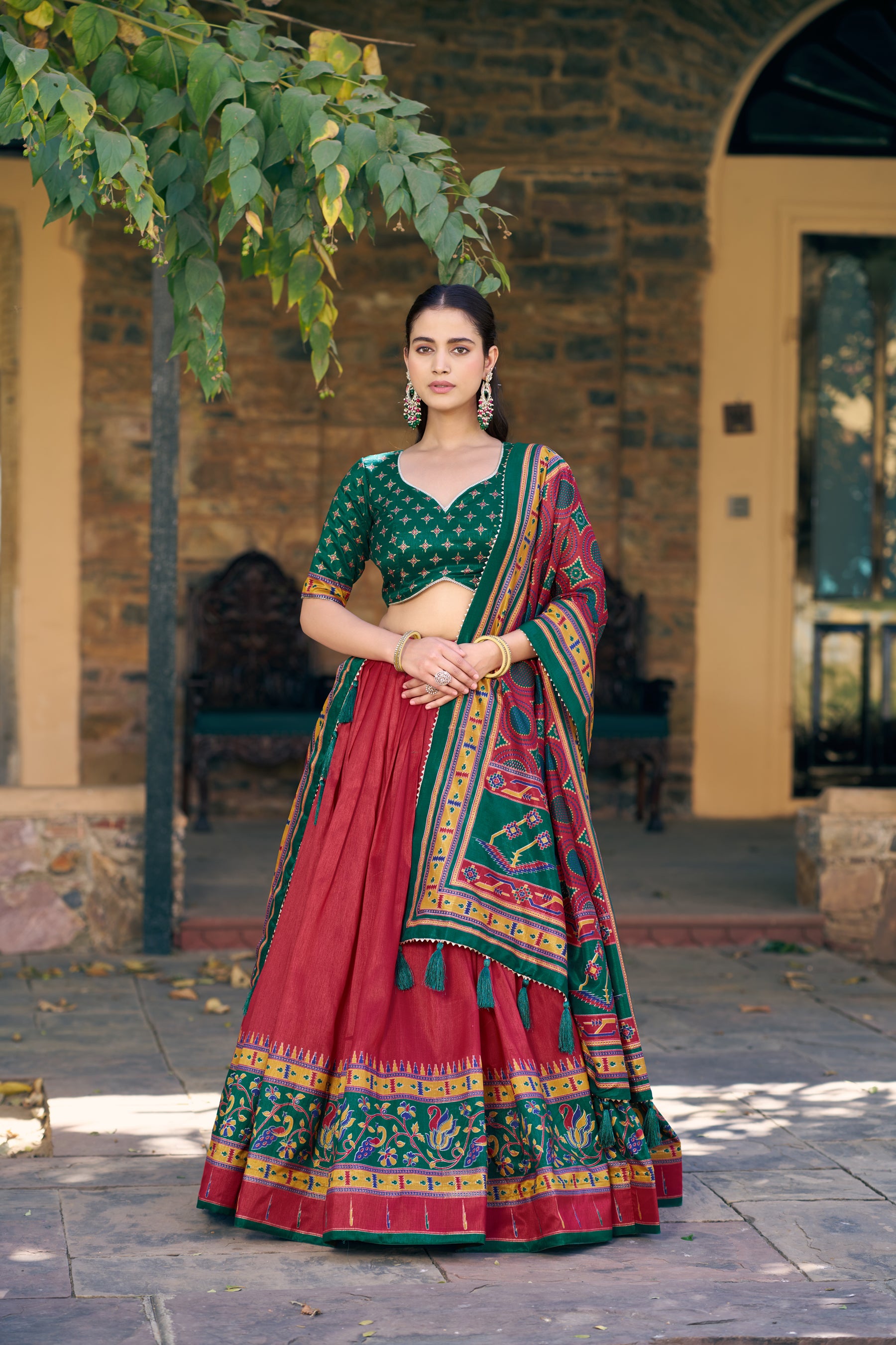 Lorenvalley Fashion Red Tasar Silkprinted With Iconic Sparkle Lehenga Choli With Dupatta - Dista