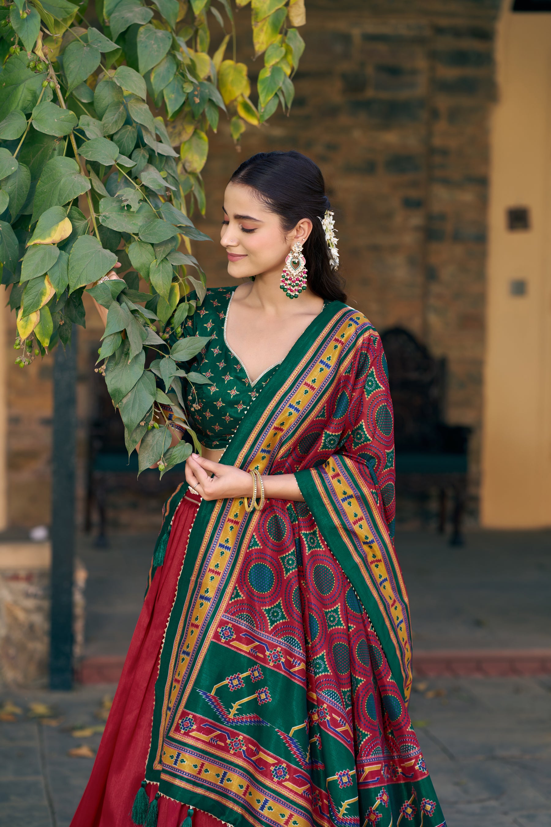 Lorenvalley Fashion Red Tasar Silkprinted With Iconic Sparkle Lehenga Choli With Dupatta - Dista