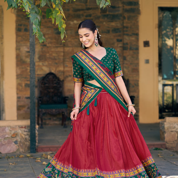 Lorenvalley Fashion Red Tasar Silkprinted With Iconic Sparkle Lehenga Choli With Dupatta - Dista