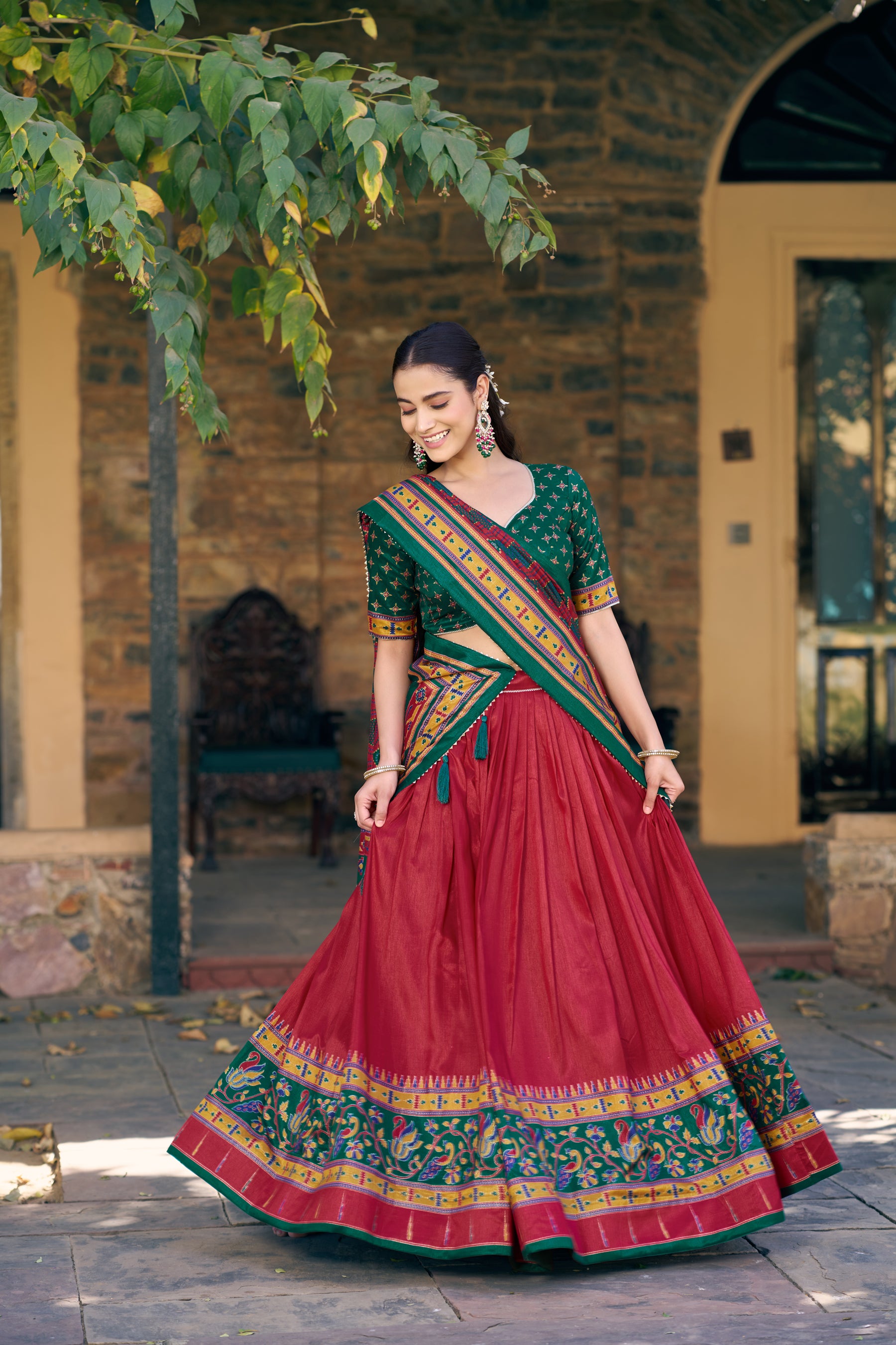 Lorenvalley Fashion Red Tasar Silkprinted With Iconic Sparkle Lehenga Choli With Dupatta - Dista