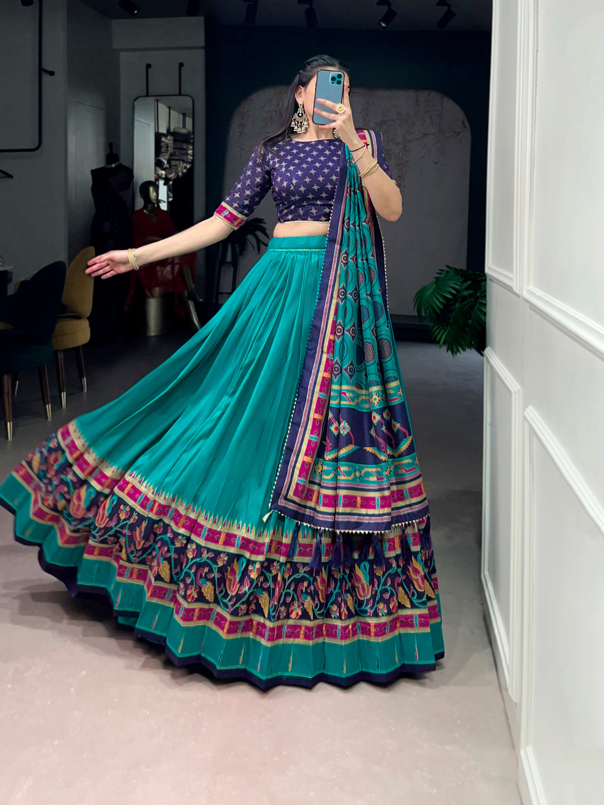 Lorenvalley Fashion Skyblue Tasar SilkPrinted with Iconic Sparkle Lehenga Choli with Dupatta - Dista