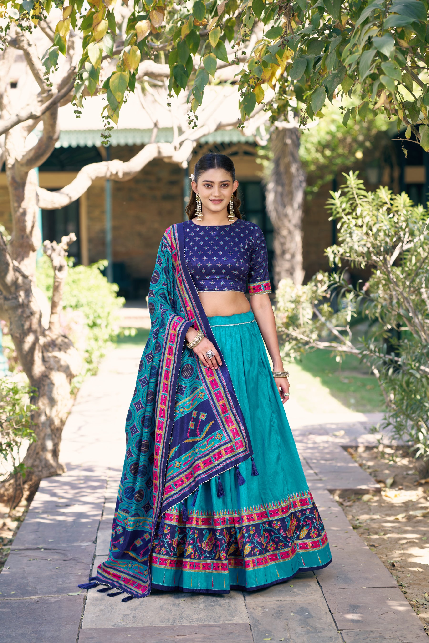 Lorenvalley Fashion Skyblue Tasar Silkprinted With Iconic Sparkle Lehenga Choli With Dupatta - Dista
