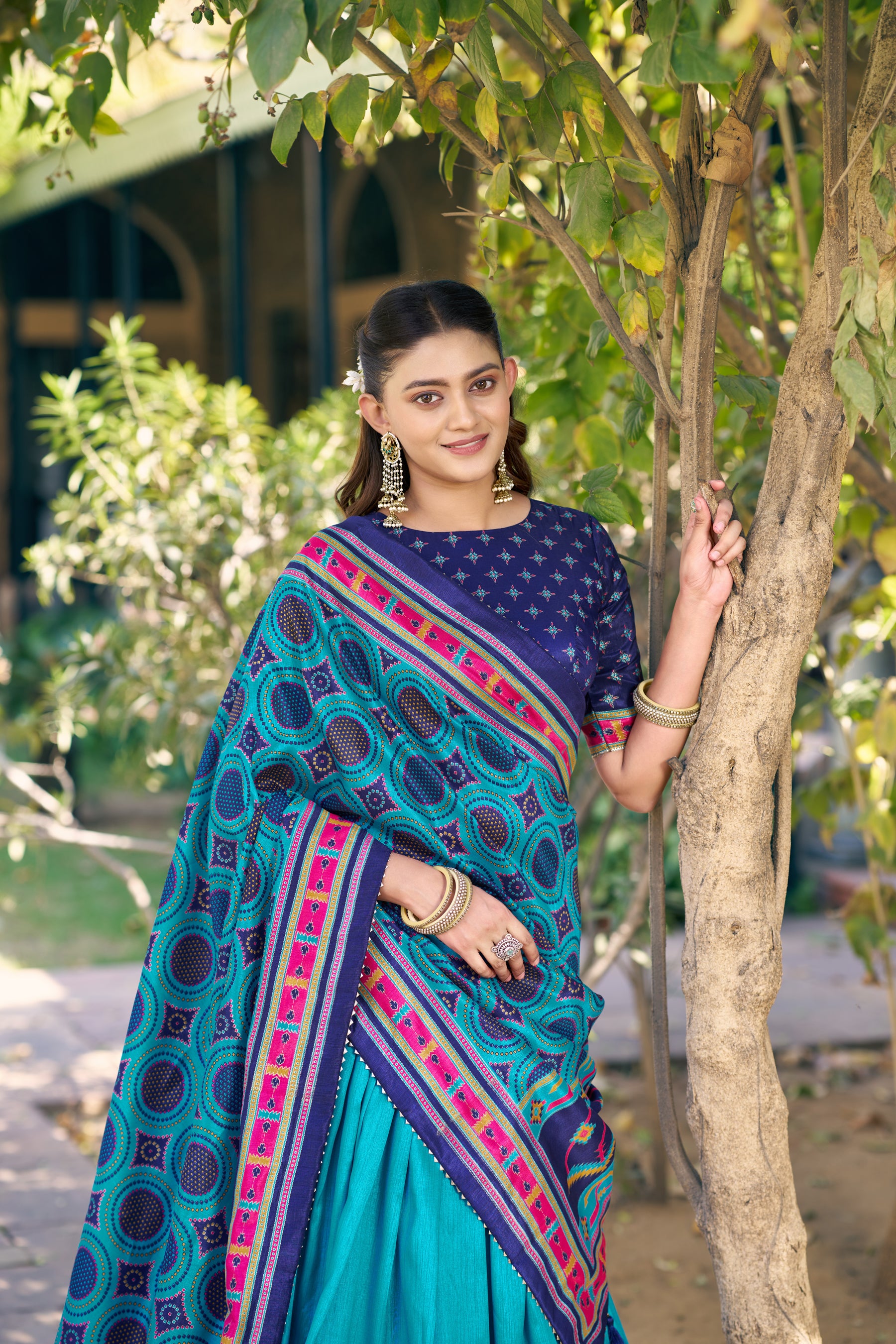 Lorenvalley Fashion Skyblue Tasar Silkprinted With Iconic Sparkle Lehenga Choli With Dupatta - Dista