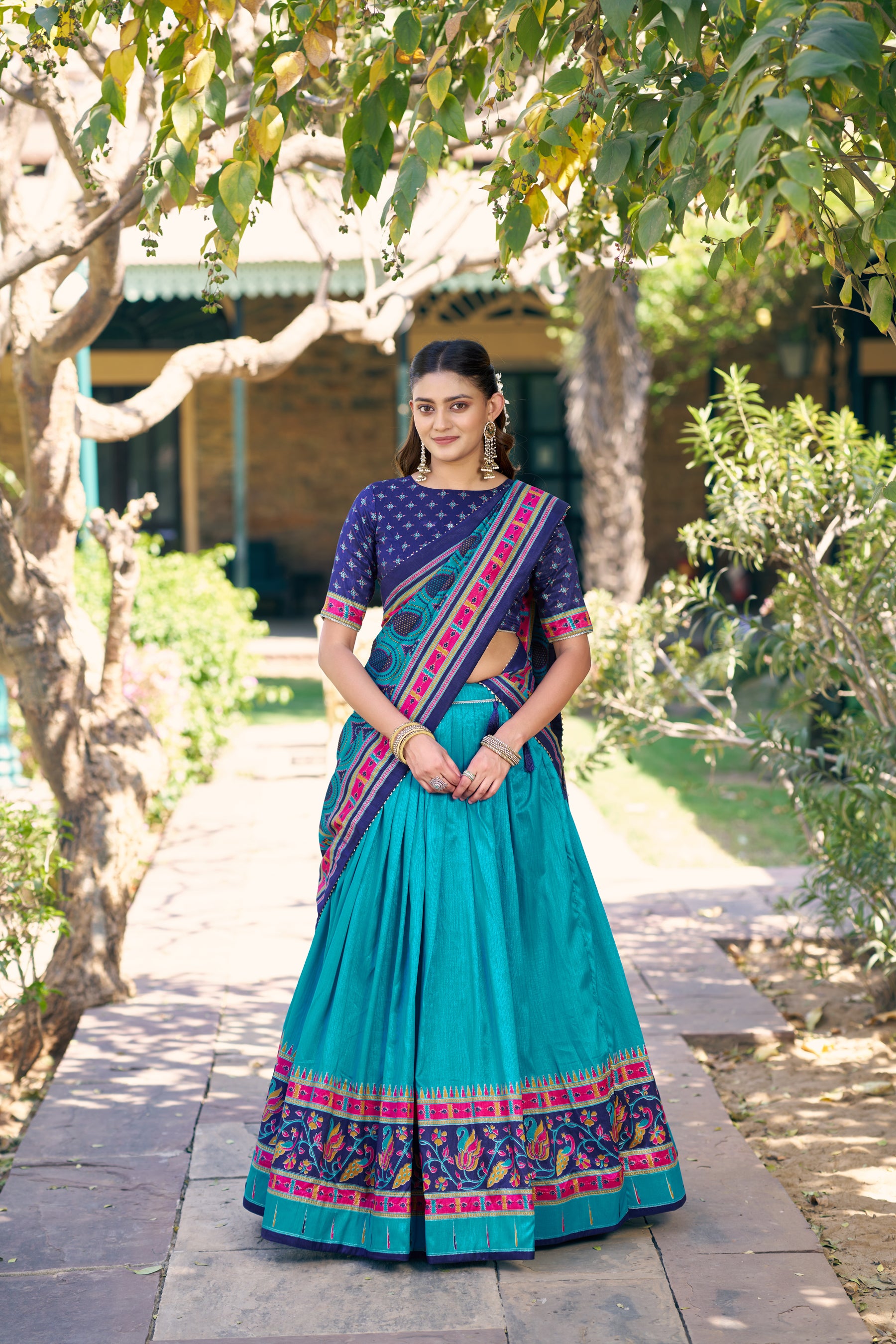 Lorenvalley Fashion Skyblue Tasar Silkprinted With Iconic Sparkle Lehenga Choli With Dupatta - Dista