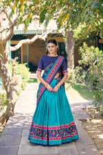 Thumbnail for Lorenvalley Fashion Skyblue Tasar Silkprinted With Iconic Sparkle Lehenga Choli With Dupatta - Dista