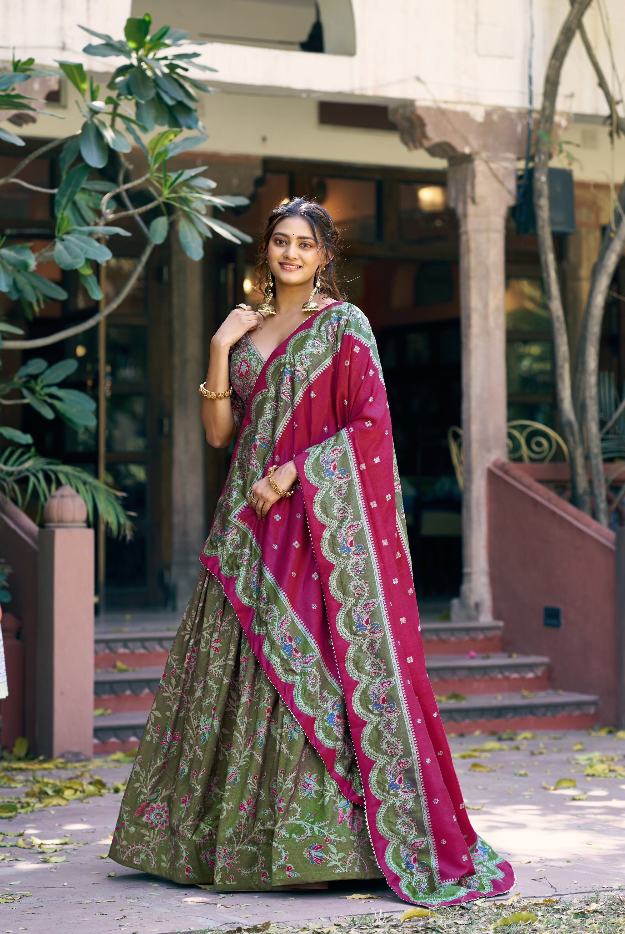 Lorenvalley Fashion Green Tasar Silk Gilded Motif Foil Printed Lehenga Choli with Dupatta - Dista