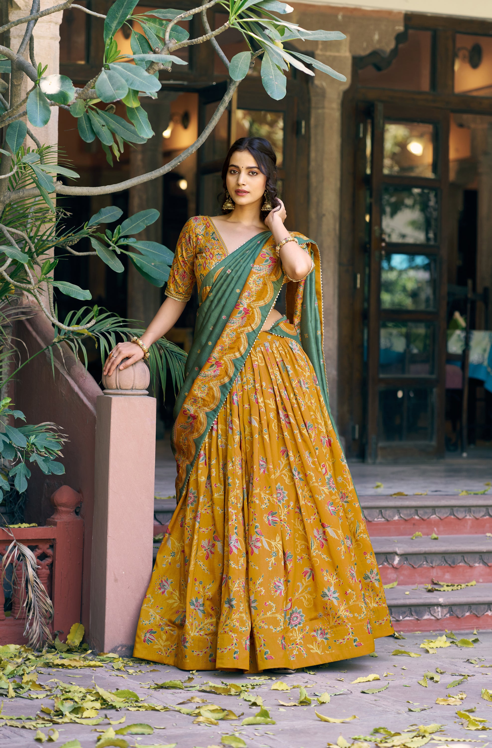 Lorenvalley Fashion Mustard Tasar Silk Gilded Motif Foil Printed Lehenga Choli with Dupatta - Dista