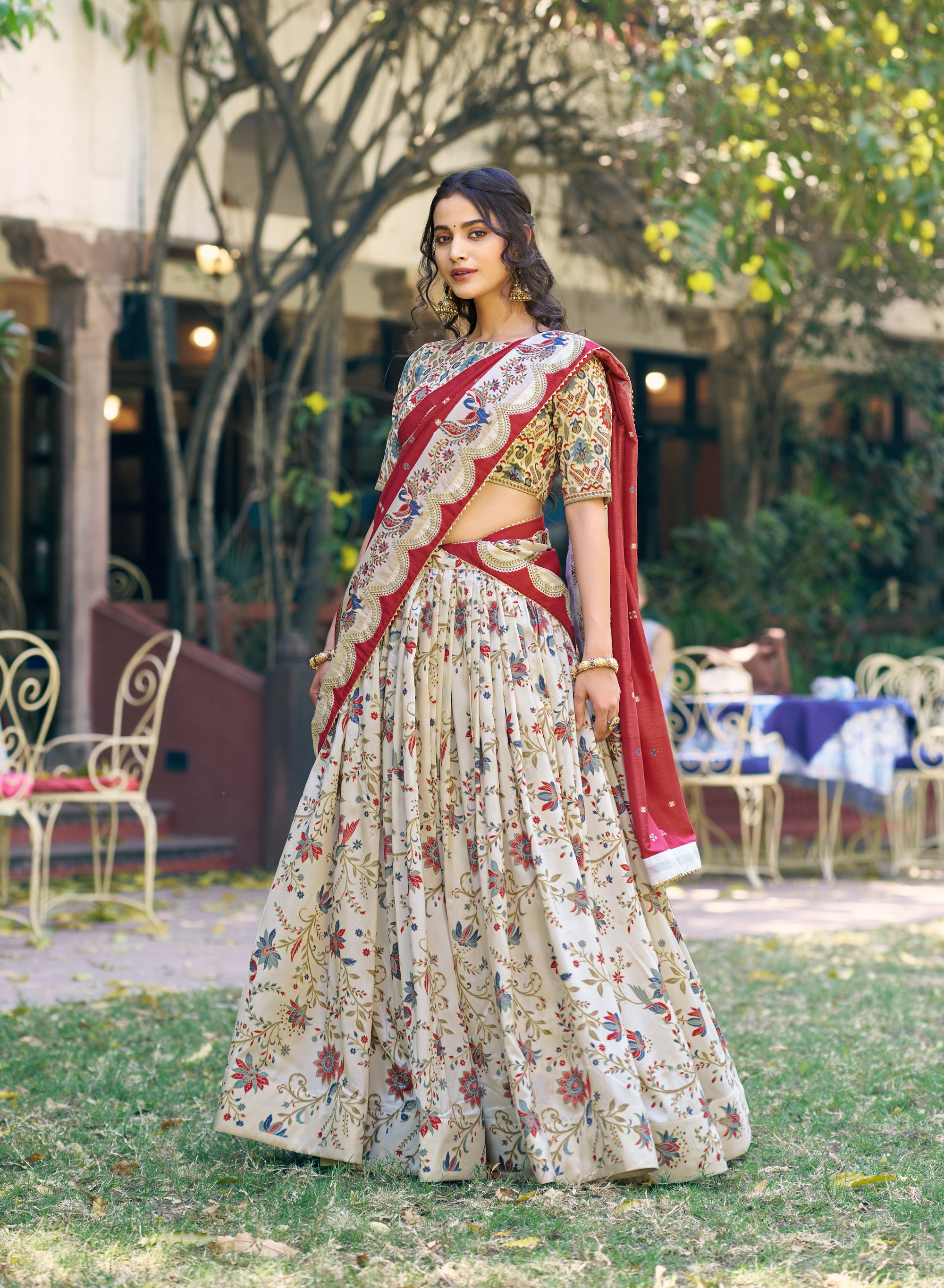 Lorenvalley Fashion Offwhite Tasar Silk Gilded Motif Foil Printed Lehenga Choli with Dupatta - Dista