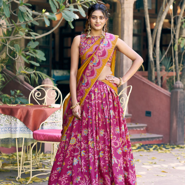 Lorenvalley Fashion Pink Tasar Silk Gilded Motif Foil Printed Lehenga Choli with Dupatta - Dista