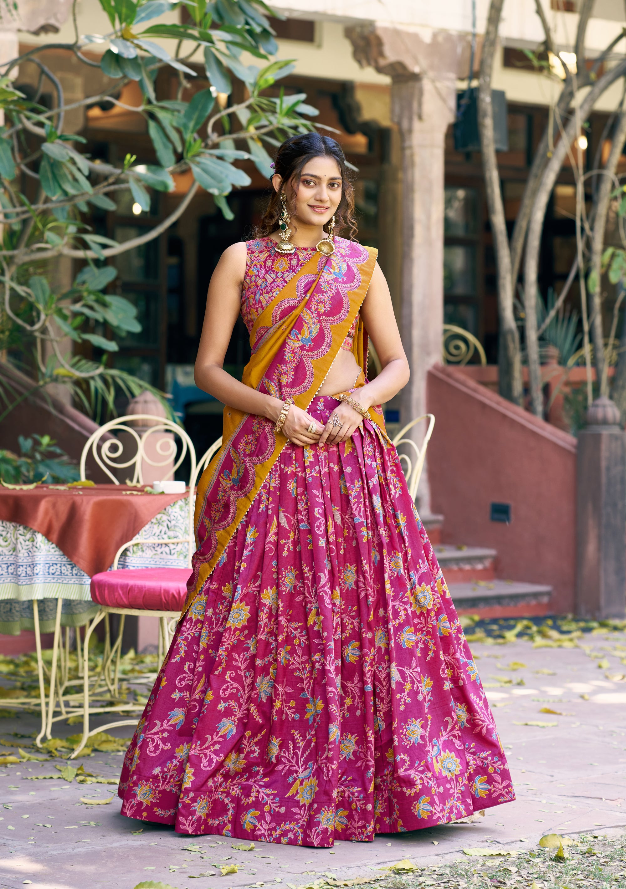 Lorenvalley Fashion Pink Tasar Silk Gilded Motif Foil Printed Lehenga Choli with Dupatta - Dista