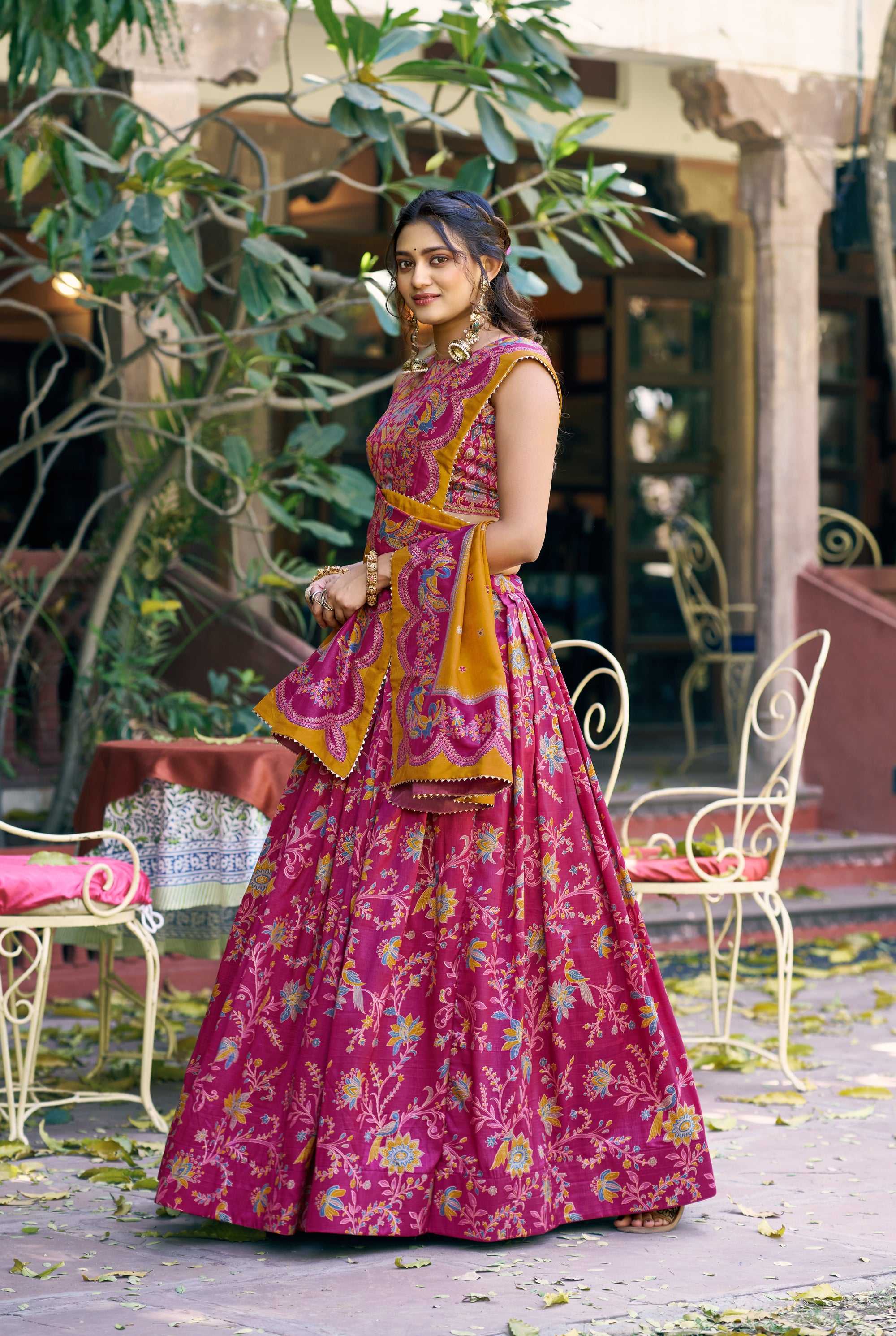 Lorenvalley Fashion Pink Tasar Silk Gilded Motif Foil Printed Lehenga Choli with Dupatta - Dista